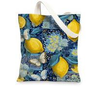 Vintage Floral Canvas Tote Bags, Lemon Print Reusable Shopping Bags, Lightweight Washable Shoulder Strap Totes for Travel Beach Gym 13x15 Inch