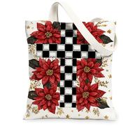 Vintage Floral Canvas Tote Bags, Poinsettia Design Reusable Grocery Bags, Winter Lightweight Washable Shoulder Strap Canvas, White, 13x15 Inch