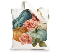Vintage Floral Canvas Tote Bags, Pumpkin and Rose Pattern Reusable Grocery Bags, Lightweight Washable Canvas Bags for Travel Beach Picnic 13x15 Inch