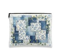 Vintage Floral Cosmetic Bag, Blue Botanical Makeup Pouch for Travel, Portable Canvas Zipper Organizer, Spring Skincare Toiletry Bag, Blue, 7x9 Inch, Floral