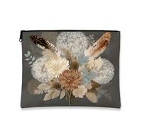 Vintage Floral Cosmetic Bag, Bohemian Feathers Rustic Travel Makeup Organizer for Women, Portable Small Canvas Zipper Pouch, Autumn Festival Gift Skincare Toiletry Bag, Dark Gray, 7x9 Inch, Feathers
