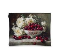 Vintage Floral Cosmetic Bag, White Roses Antique Cherry Travel Makeup Zipper Pouch for Women, Portable Small Organizer, Spring Gift Toiletry Bag for Festivals Skincare Storage, white, 7x9 Inch, Roses
