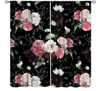 Vintage Floral Curtains,Bohemian Pink Black Flowers Garden Rose Plants Home Decor Drapes for Bedroom Living Room Kitchen Window Treatment 2 Panels Set Total Size 84" W X 84" L Inch