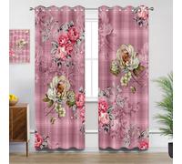 Vintage Floral Curtains for Bedroom, Pink Peony Roses Flower Tartan Blackout Thermal Insulated Eyelet Curtains for Living Room, W66 X D72, 2 Panels Drapes Room Decor