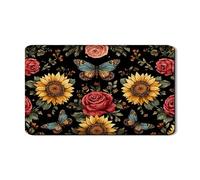 Vintage Floral Dish Drying Mats For Kitchen Counter, Black Butterfly Sunflower Rose Absorbent Rubber Dish Drainer Rack Mat 12x20 Inch