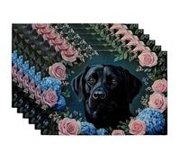 Vintage Floral Dog Placemats, Black and Peach Roses Table Mats, Spring Summer Decorative Dining Setup, Non-Slip Indoor Outdoor Use Set of 6