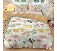 Vintage Floral Duvet Cover Retro Storybook Strawberry Bee Design Soft Microfiber Bedding Set with Teapot & Butterfly Print for Bedroom Decor (style2,Double200x200cm+65x65cm*2)