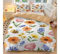 Vintage Floral Duvet Cover Retro Storybook Strawberry Bee Design Soft Microfiber Bedding Set with Teapot & Butterfly Print for Bedroom Decor (style3,Double200x200cm+50x75cm*2)