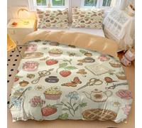 Vintage Floral Duvet Cover Retro Storybook Strawberry Bee Design Soft Microfiber Bedding Set with Teapot & Butterfly Print for Bedroom Decor (style1,Double200x200cm+65x65cm*2)