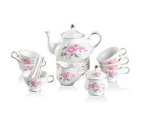 Vintage Floral Embossed Gold Teapot Cup and Saucer Set Tea Service for 6 People Including Teapot(Color02)