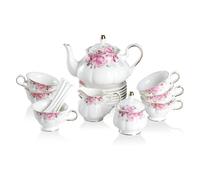 Vintage Floral Embossed Gold Teapot Cup and Saucer Set Tea Service for 6 People Including Teapot(Flower)