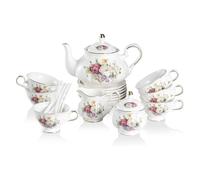 Vintage Floral Embossed Gold Teapot Cup and Saucer Set Tea Service for 6 People Including Teapot(Pink Flower)