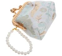 Vintage Floral Embroidered Clutch Purse with Faux Pearl Handle | Green Brocade Finish, Polyester and Metal Details, for Weddings, Prom Nights, Parties and Essentials