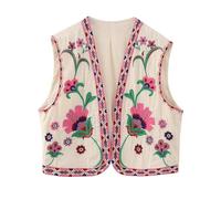 Vintage Floral Embroidered Vest, Women's Floral Embroidered Vest Boho Cardigan Open Front Cropped Waistcoat (Pink,X-Small)