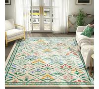 Vintage Floral Entryway Rug Washable, Thin Pile Oriental Distressed 4x6 Indoor Carpet Stain Resistant, Country Boho Flowers Cute Green Area Rug for Bedroom Dining Living Room Kitchen Nursery Dorm