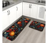 Vintage Floral Kitchen Mats for Floor, Black Fruits Elegant Soft Mats, Cushioned Comfort Washable Non Slip Decor Rugs for Kitchen Sinks Laundry Room Bathroom 2PCS