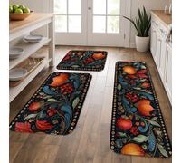 Vintage Floral Kitchen Mats for Floor, Black Fruits Elegant Soft Mats, Cushioned Comfort Washable Non Slip Decor Rugs for Kitchen Sinks Laundry Room Bathroom 3Pcs