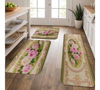 Vintage Floral Kitchen Mats for Floor, Elegant Rose Design Soft Mats, Cushioned Comfort Washable Non Slip Decor Rugs for Kitchen Sinks Laundryroom Bathroom 3Pcs