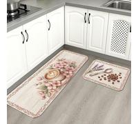 Vintage Floral Kitchen Mats for Floor, Peach Blossoms Rustic Soft Mats, Spring Cushioned Comfort Washable Decor Rugs for Kitchen Sinks Laundryroom Bathroom 2pcs