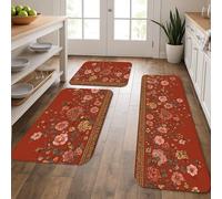 Vintage Floral Kitchen Mats for Floor, Rustic Red Blossoms Soft Mats, Cushioned Comfort Washable Non Slip Decor Rugs for Kitchen Sinks Laundryroom Bathroom 3Pcs