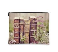Vintage Floral Makeup Bag, Antique Books Cosmetic Travel Pouch for Women, Portable Small Canvas Zipper Organizer, for Spring Festivals, Brown, 7x9 Inch, Books