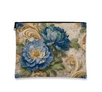 Vintage Floral Makeup Bag, Blue Peonies Antique Cosmetic Travel Pouch for Women, Portable Small Canvas Zipper Organizer, Perfect for Spring Festival Gift Toiletry Bag, blue, 7x9 Inch, Peonies