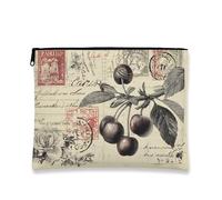 Vintage Floral Makeup Bag, Cherries Blossom Antique Cosmetic Travel Pouch for Women, Small Portable Canvas Zipper Organizer, Perfect Choice for Festivals, Cream, 7x9 Inch, Bag