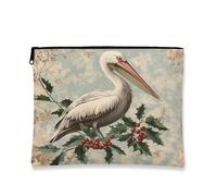 Vintage Floral Makeup Bag, Coastal Bird and Holly Cosmetic Travel Pouch for Women, Portable Canvas Zipper Organizer, Holiday Skincare Toiletry Bag 7x9 Inch