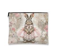 Vintage Floral Makeup Bag, Cute Rabbit Tutu Cosmetic Travel Pouch for Women, Portable Small Canvas Zipper Organizer, Spring Gift Toiletry Bag, Peach, 7x9 Inch, Rabbit