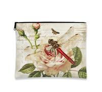 Vintage Floral Makeup Bag, Dragonfly and Rose Design Cosmetic Travel Pouch for Women, Portable Small Canvas Zipper Organizer, Gift for Spring and Summer Festivals, Cream, 7x9 Inch, Dragonfly