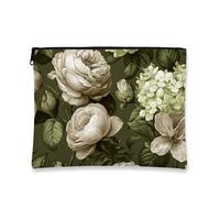 Vintage Floral Makeup Bag, Elegant Botanical Cosmetic Travel Pouch for Women, Portable Canvas Zipper Clutch, Perfect Choice for Skincare Organizing, Spring Festival Essentials, Green, 7x9 Inch, Floral