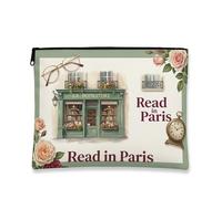 Vintage Floral Makeup Bag, Green Bookstore Pattern Cosmetic Travel Pouch for Women, Portable Canvas Zipper Organizer, Spring Skincare Toiletry Bag, Green, 7x9 Inch, Bookstore