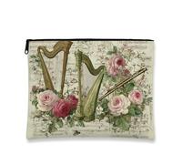 Vintage Floral Makeup Bag, Harp and Rose Botanical Travel Pouch for Women, Portable Small Canvas Zipper Organizer, Gift for Special Occasions, Green, 7x9 Inch, Harp
