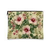 Vintage Floral Makeup Bag, Hibiscus Blossom Cosmetic Travel Bags for Women, Portable Small Canvas Zipper Pouch, Nature Themed Skincare Toiletry Organizer, Spring Festival Gift, Cream, 7x9 Inch