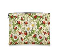 Vintage Floral Makeup Bag, Ladybug and Chrysanthemum Pattern Cosmetic Travel Pouch for Women, Portable Canvas Zipper Organizer, Spring Skincare Toiletry Bag, Cream, 7x9 Inch, Ladybug