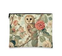 Vintage Floral Makeup Bag, Owl and Flowers Portable Travel Cosmetic Pouch for Women, Small Zipper Toiletry Organizer, Perfect Choice for Spring and Summer, Cream, 7x9 Inch, Owl