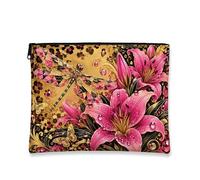 Vintage Floral Makeup Bag, Peach Lilies and Dragonfly Cosmetic Travel Pouch for Women, Portable Small Canvas Zipper Organizer, Spring Skincare Toiletry Bag, Peach, 7x9 Inch, Dragonfly