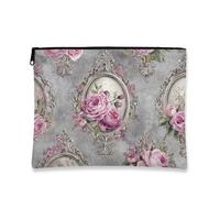 Vintage Floral Makeup Bag, Peach Roses Antique Cosmetic Travel Pouch for Women, Portable Small Canvas Zipper Organizer, Spring Festival Gift Toiletry Bag, Peach, 7x9 Inch, Roses