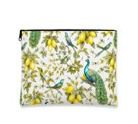 Vintage Floral Makeup Bag, Peacock and Lemon Pattern Cosmetic Travel Pouch for Women, Portable Small Canvas Zipper Case, Spring Skincare Toiletry Organizer, White, 7x9 Inch, Peacock