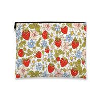 Vintage Floral Makeup Bag, Strawberry Pattern Cosmetic Travel Pouch for Women, Small Portable Canvas Zipper Organizer, Spring Skincare Toiletry Bag, White, 7x9 Inch, Strawberry
