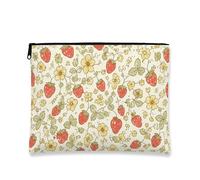 Vintage Floral Makeup Bag, Strawberry Print Cosmetic Travel Pouch for Women, Portable Small Canvas Zipper Organizer, Spring Skincare Toiletry Bag, Cream, 7x9 Inch, Strawberry