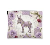 Vintage Floral Makeup Bag, Violet Donkey Pattern Cosmetic Travel Pouch for Women, Portable Canvas Zipper Organizer, Spring Skincare Toiletry Bag, Violet, 7x9 Inch, Donkey