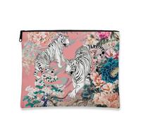 Vintage Floral Makeup Bag, White Tigers Garden Cosmetic Travel Pouch for Women, Portable Large Canvas Zipper Organizer, Summer Gift Toiletry Bag, Peach, 7x9 Inch, Tigers