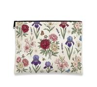Vintage Floral Makeup Pouch, Botanical Travel Cosmetic Bag for Women, Portable Canvas Zipper Organizer, Spring Skin Essentials Toiletry Case, Cream, 7x9 Inch, Flowers