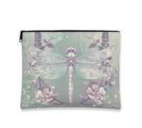 Vintage Floral Makeup Pouch, Dragonfly Pattern Cosmetic Bag for Women, Portable Canvas Zipper Organizer, Spring Travel Toiletry Case, Green, 7x9 Inch, Dragonfly