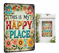 Vintage Floral Metal Garden Sign "This Is My Happy Place", 20x30cm Rustic Tin Plaque for Outdoor Patio Wall Decor, Retro Iron Wall Art for Yard Fence Shed Home