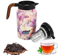 Vintage Floral Pattern Tea Thermos,1.5L Large Colourful Teapot with Stainless Steel Infuser and Lid,Wood Handle Comfortable to Grip,for Home Office(Colour,Style 1)