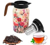 Vintage Floral Pattern Tea Thermos,1.5L Large Colourful Teapot with Stainless Steel Infuser and Lid,Wood Handle Comfortable to Grip,for Home Office(Colour,Style 4)