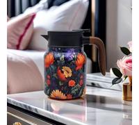 Vintage Floral Pattern Tea Thermos - 1000ml Coffee Thermos Flask for Hot Drinks, Tea Flask, Thermos Flask, Steel Thermal Carafe (Orange Color,1000ml Wooden Handle)
