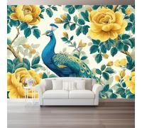 Vintage Floral Peacock Art Deco Photo Wallpaper - 150 x 105 cm (W x H) Wall Mural Wallpaper Home Bedroom Decoration, Yellow Furniture Sticker Renter Friendly Wall Paper for Living Room